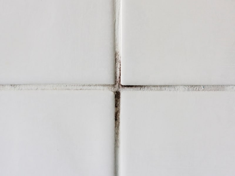 Close-up of mouldy sealant in shower grout between white tiles needing cleaning.