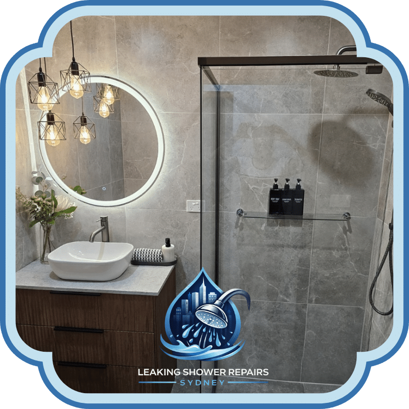 Leaking Shower Services showing a modern bathroom with glass shower screen, rainfall shower head, tiled walls, vanity, basin and round mirror.