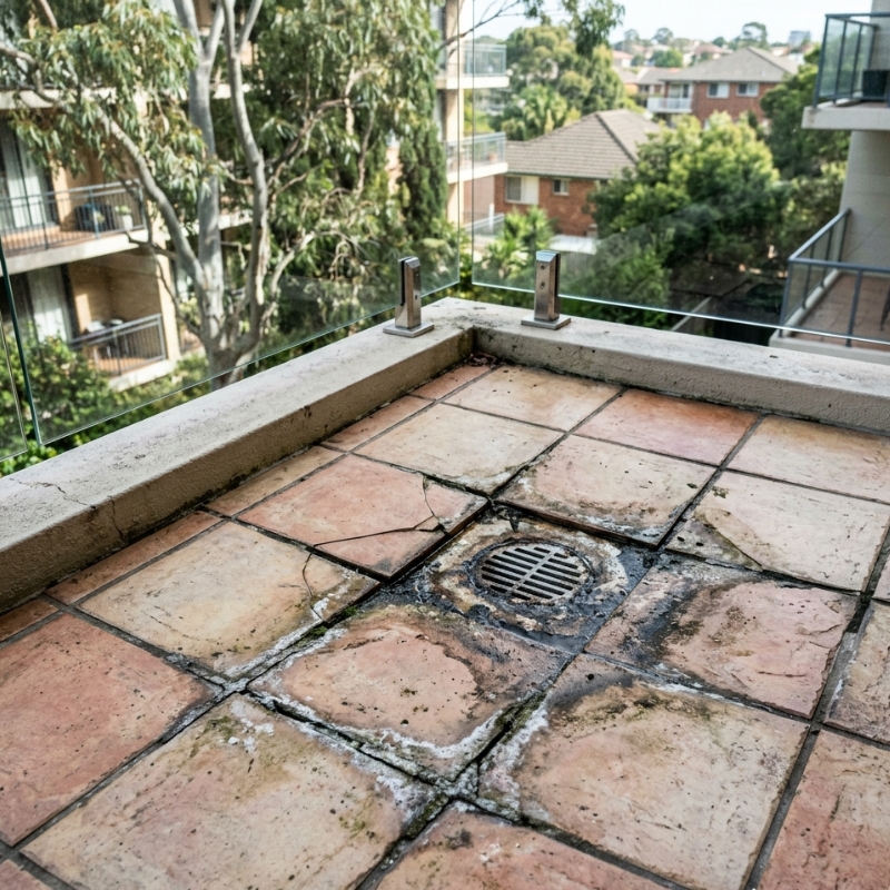 Sydney balcony showing signs of water damage and failed waterproofing