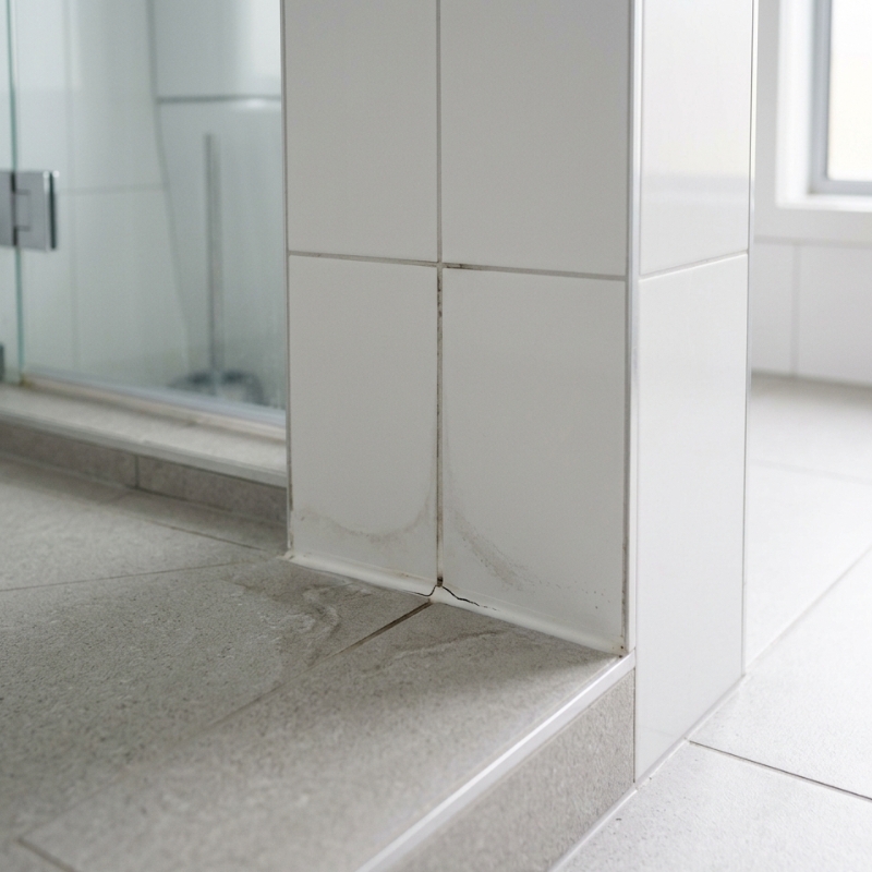 Early signs of a shower leak shown by dark grout and cracked silicone