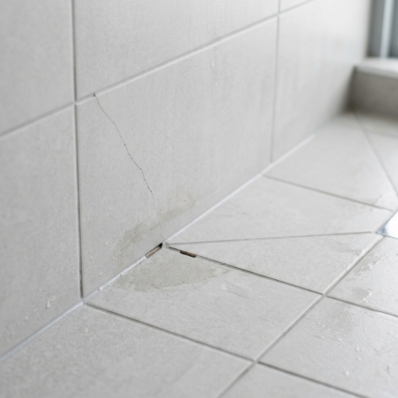 Cracked shower tile and separated grout joint showing common leak points
