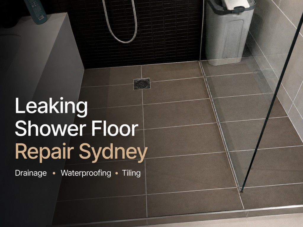 Completed tiled shower floor repair with square drain and glass screen in Sydney