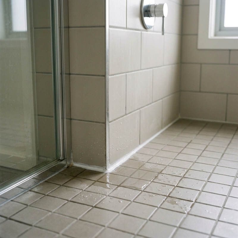 Leaking shower corner with water seeping from the tiled joint